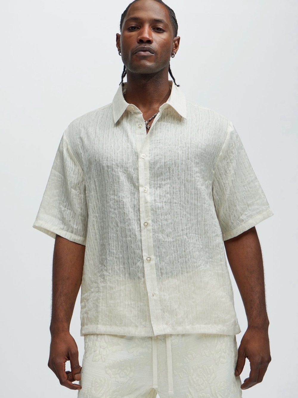 Fashion Nova Men's Short-Sleeve Button-Down Shirt in Cream